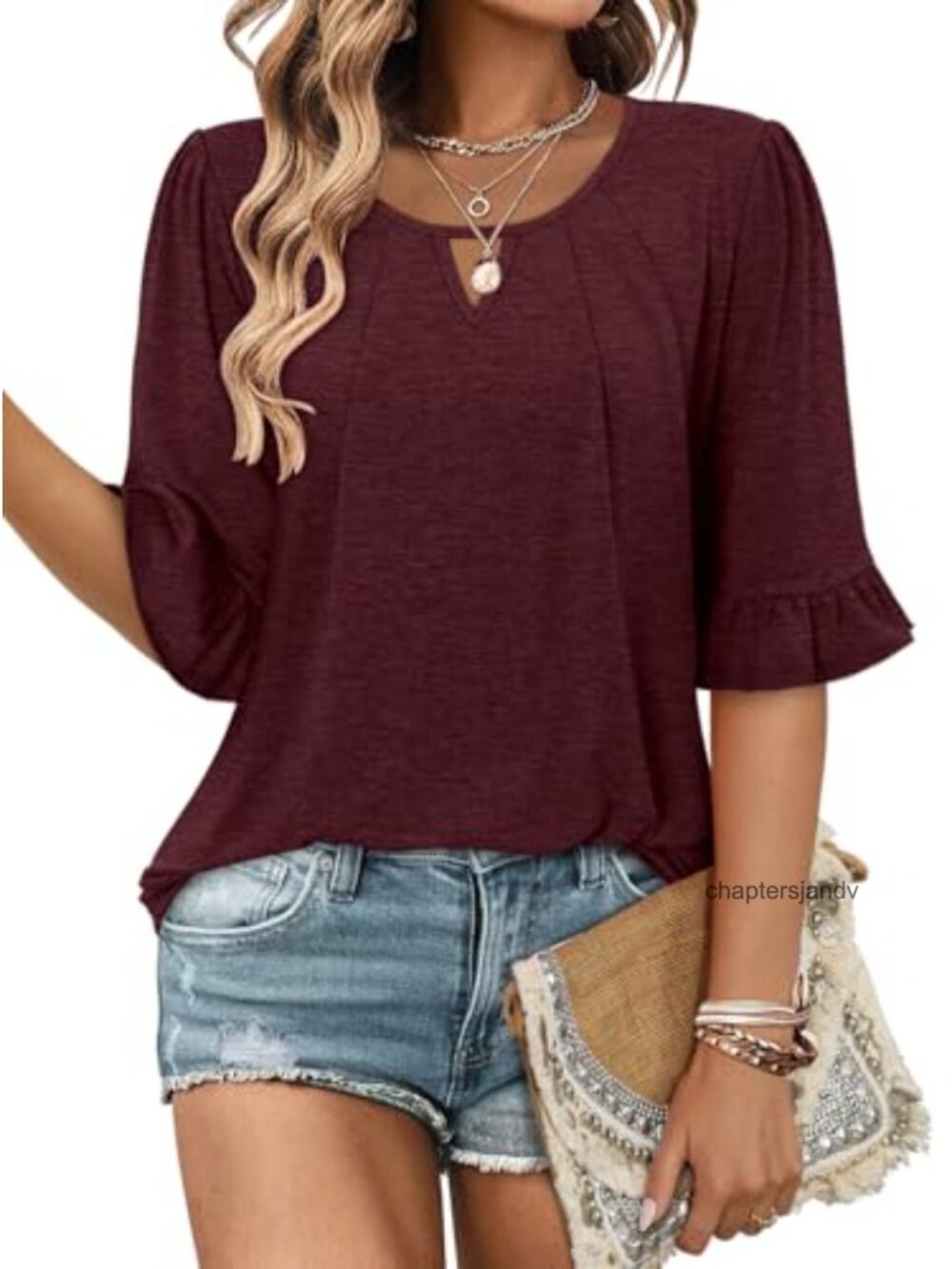 Boho Bell Sleeve Tunic Top - 3/4 Length Summer Women's Blouse